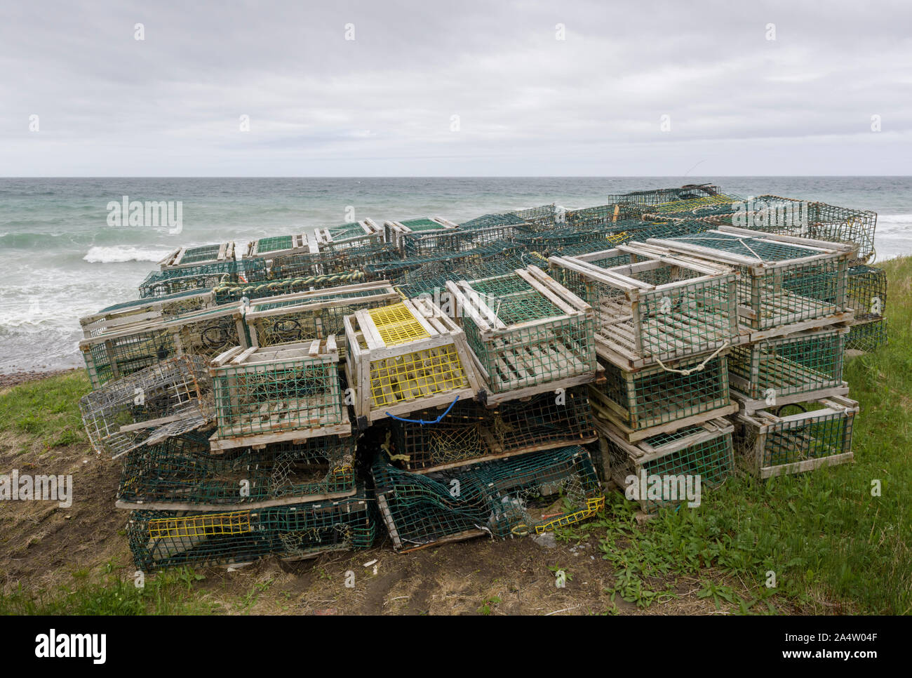 Casiers à homard empilés, Terre-Neuve et Labrador, Canada Banque D'Images