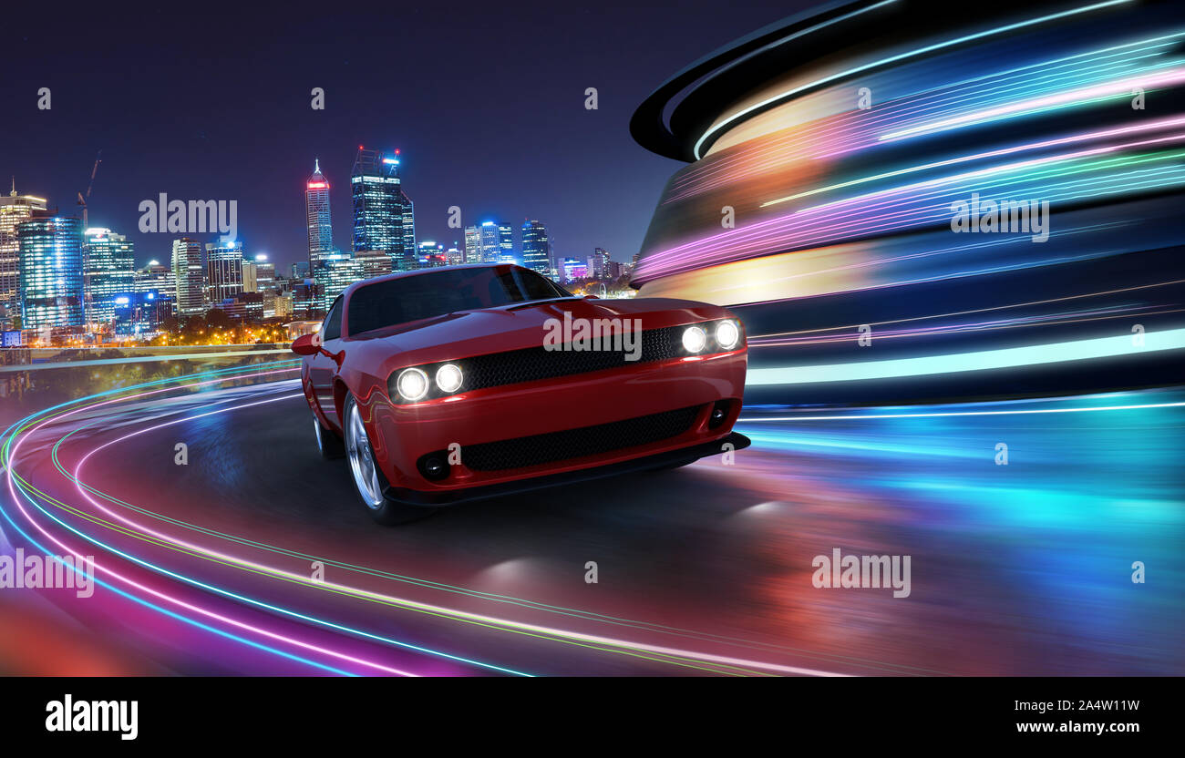 Générique haute vitesse voiture sport rouge la conduite en ville avec neon light motion effet appliqué . Technologie futuriste concept automobile . Le rendu 3D Banque D'Images