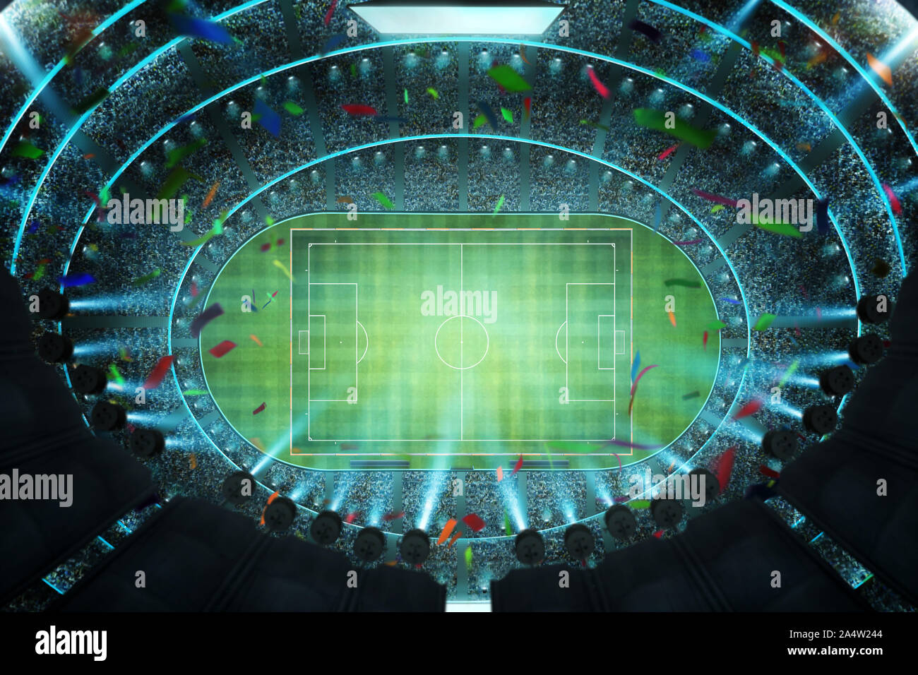 Haut de l'antenne vue d'angle de stade de soccer imaginaire à l'allumage . Le rendu 3D . Banque D'Images