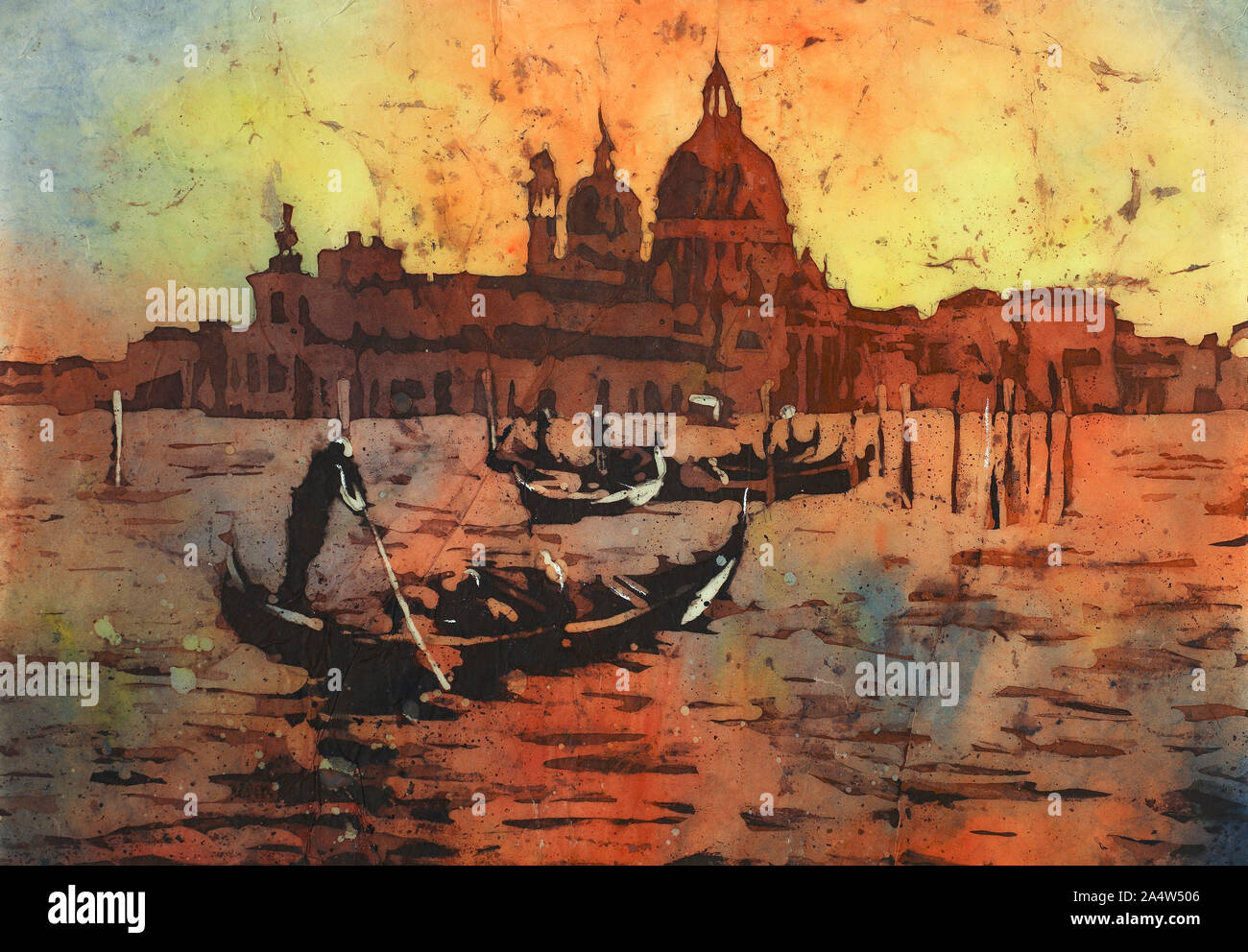 Gondolier de Venise et l'église de Santa Maria Maggiore se découpant au crépuscule à Venise, Italie. L'aquarelle la peinture batik. Banque D'Images