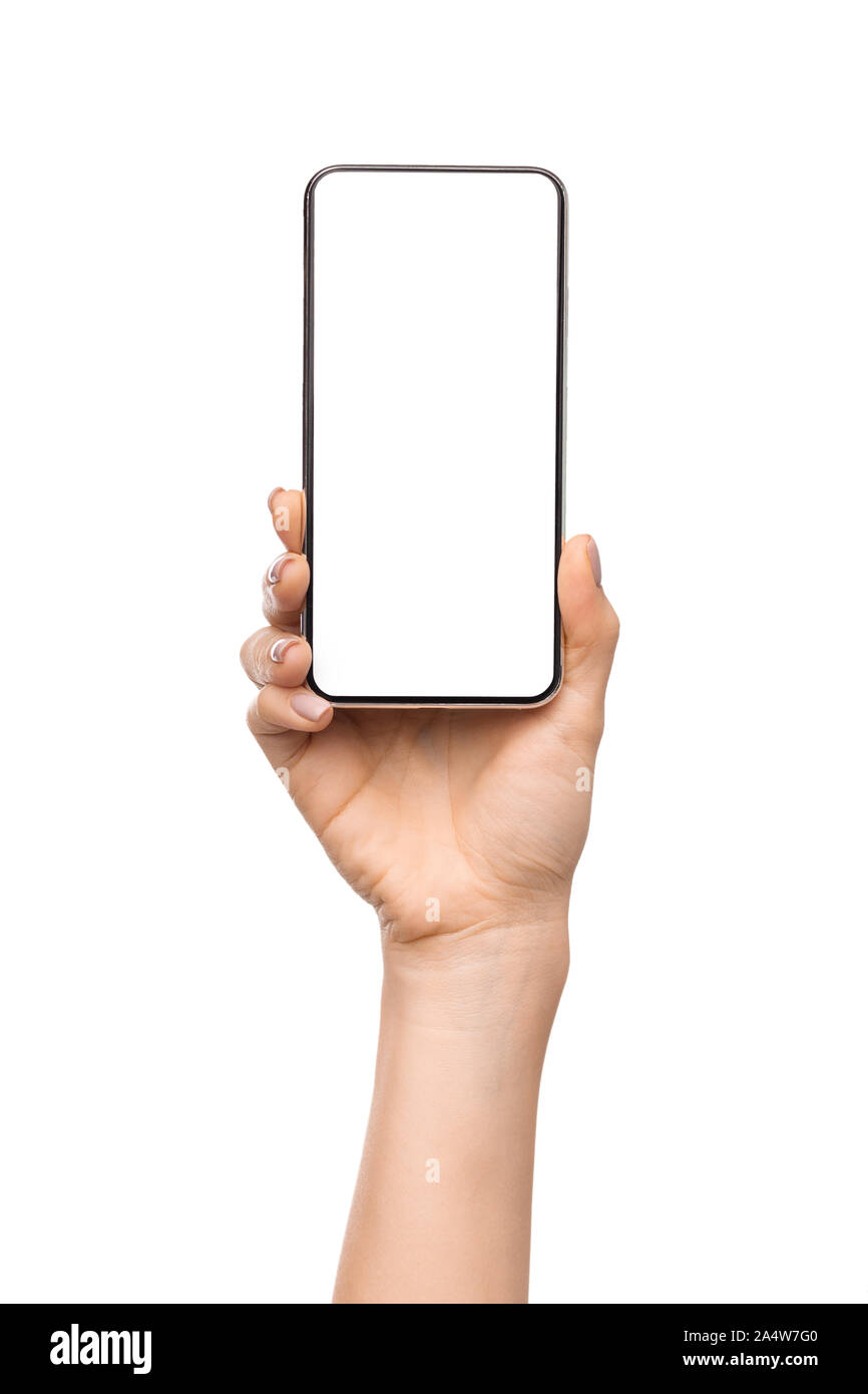Présentation de main de femme nouveau smartphone avec un grand écran blanc Banque D'Images