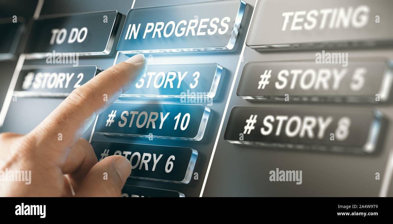 Doigt qui appuie sur les boutons virtuels sur une carte kanban futuriste. Concept de gestion de projet Lean. Image composite entre une main et une photographie bac 3D Banque D'Images