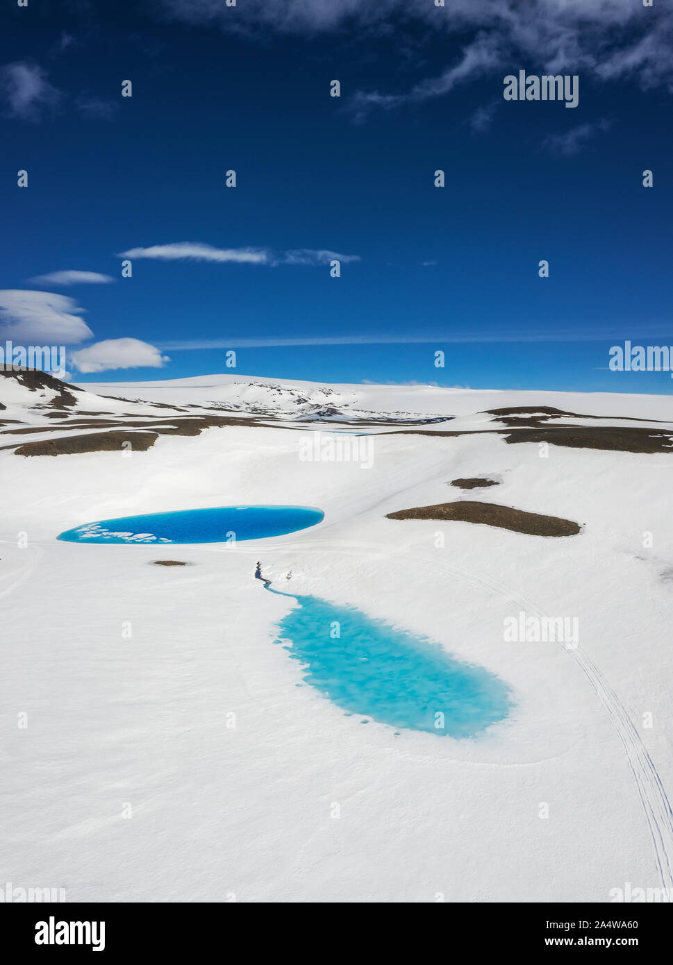 Les piscines de l'eau de fusion bleu, Kisubotnar Hofsjokull, près de la glace, l'Islande Banque D'Images Les piscines de l'eau de fusion bleu, Kisubotnar Hofsjokull, près de la glace, l'Islande Banque D'Images