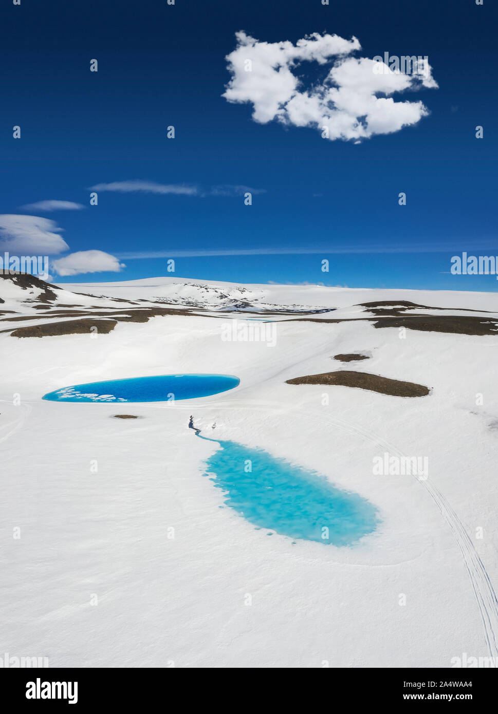 Les piscines de l'eau de fusion bleu, Kisubotnar Hofsjokull, près de la glace, l'Islande Banque D'Images Les piscines de l'eau de fusion bleu, Kisubotnar Hofsjokull, près de la glace, l'Islande Banque D'Images