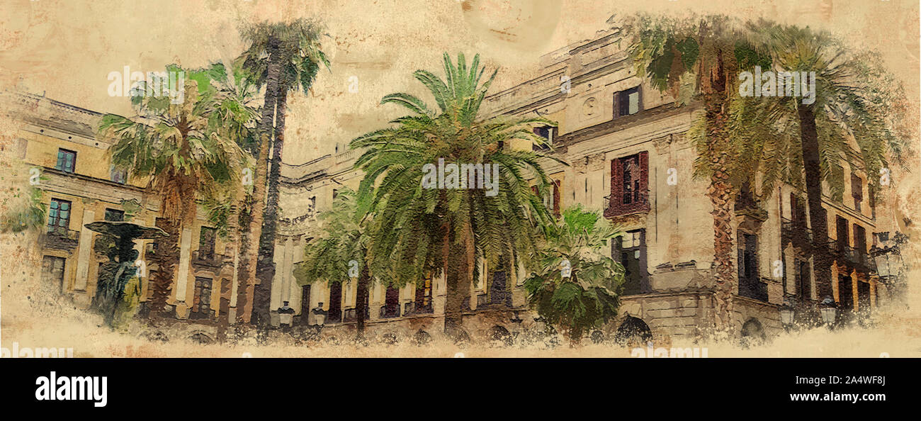Illustrations de style de peinture de palmiers et de vieux bâtiments dessinés sur le mur illustration Banque D'Images