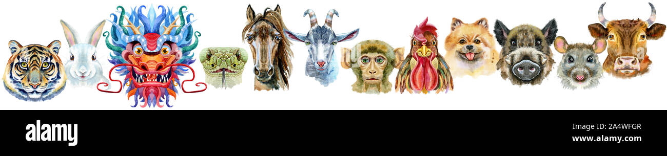 Astrologie colorés avec des dessins de douze animaux du zodiaque chinois isolé sur blanc. Maison de vacances l'Aquarelle collection de nouvelle année calendrier et horosc Banque D'Images