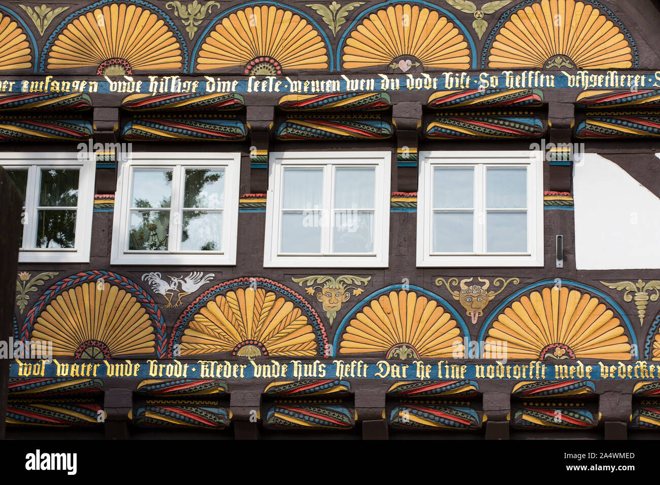Maison à colombages dans la vieille ville de Hagen, richement décorée, Banque D'Images