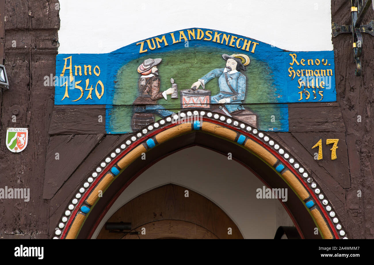 Maison à colombages dans la vieille ville de Hagen, richement décorée, Banque D'Images
