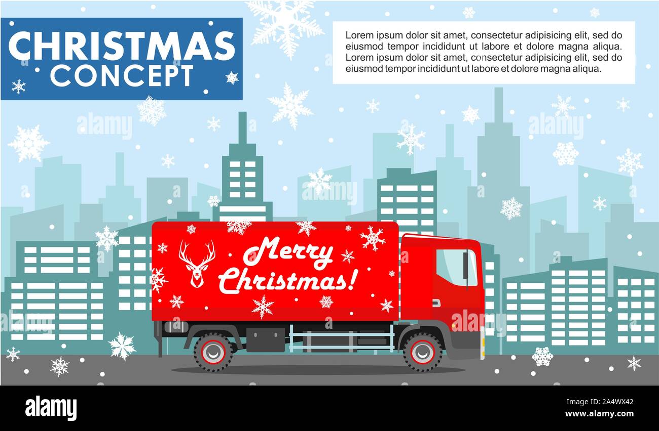 Noël et Nouvel An concept d'entreprise. Illustration détaillée de camion de livraison rouge sur fond de paysage urbain avec l'hiver dans un style plat. Vector Illustration de Vecteur