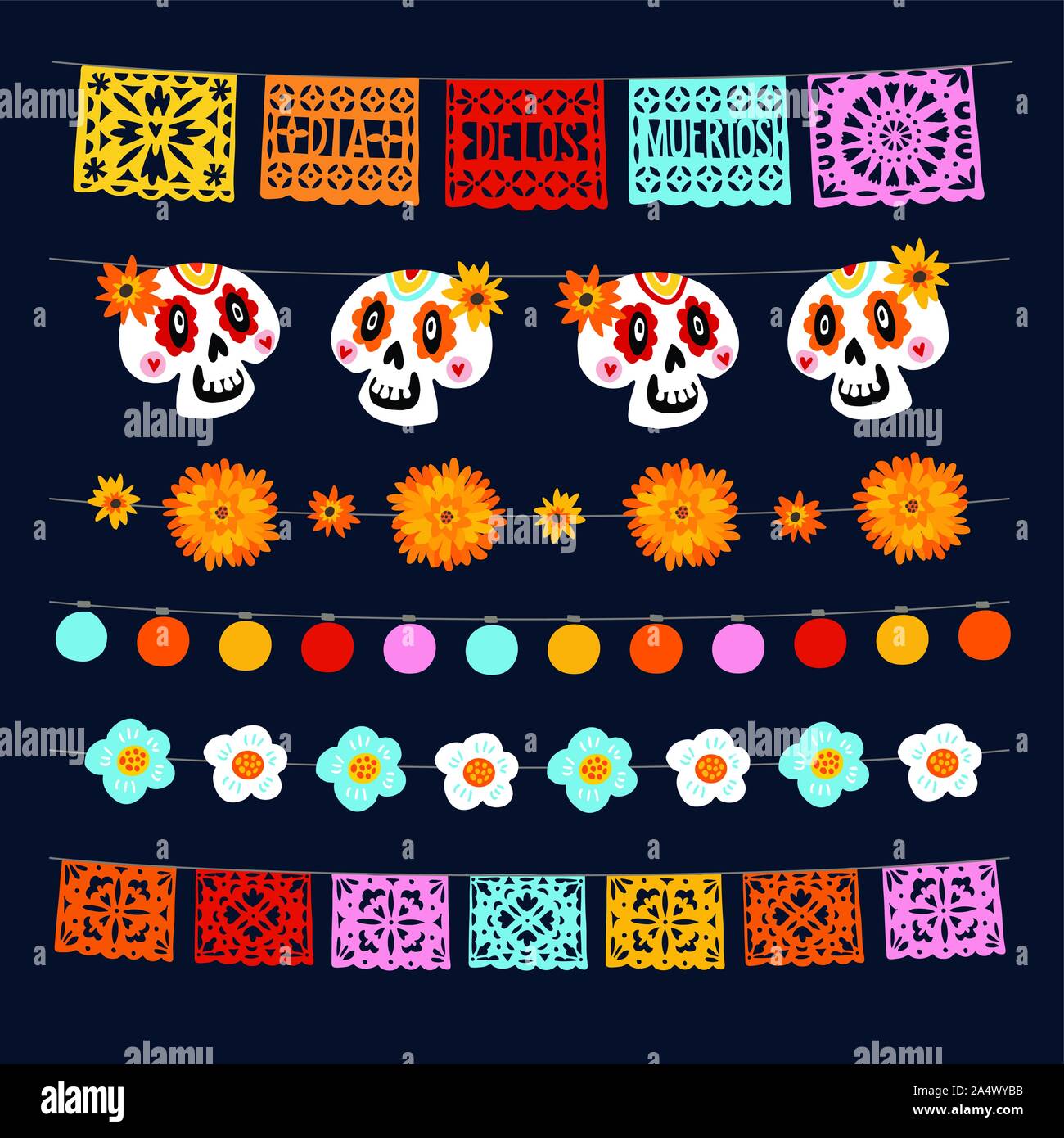 Ensemble de Dia de los Muertos, le Jour des Morts mexicain de guirlandes de lumières, banderoles drapeaux, papel picado, marigold et crânes d'ornement. Collection de Illustration de Vecteur