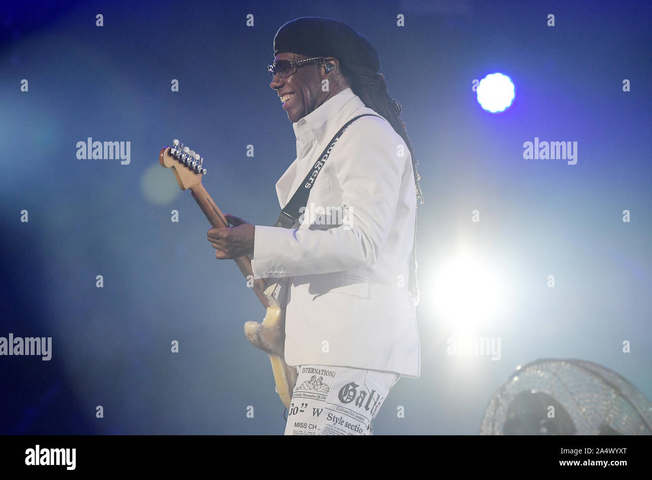 Rio de Janeiro, Brésil, le 3 octobre 2019. Le guitariste Nile Rodgers du groupe Chic durant son show à Rock in Rio en 2019 dans la ville de Rio de Janeiro. Banque D'Images