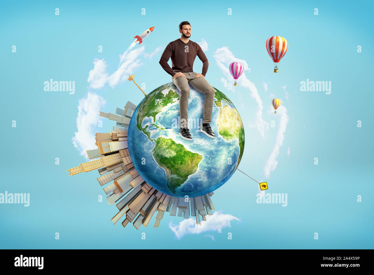 Un homme barbu est assis sur un petit globe de la Terre avec des gratte-ciel à sa surface et montgolfières volant autour. Banque D'Images
