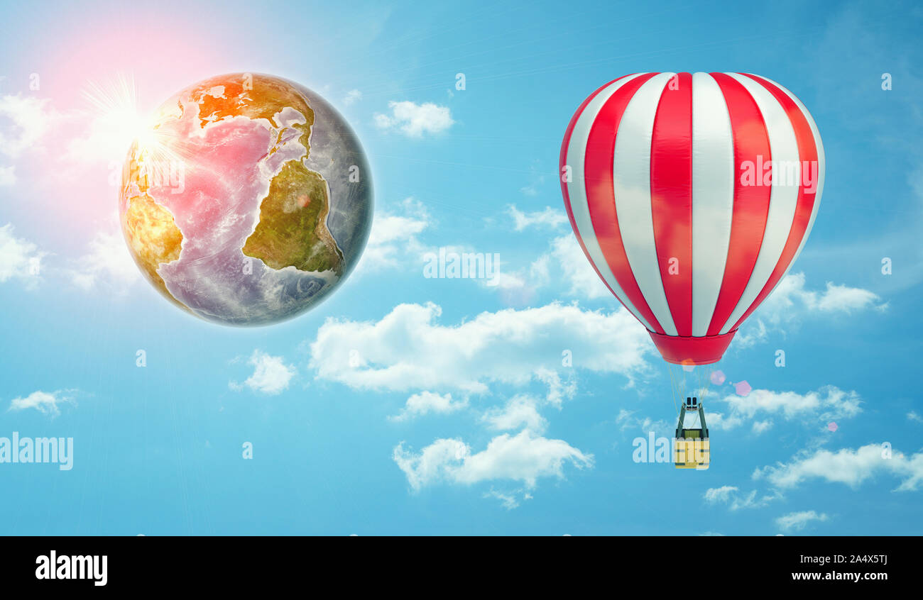 Le rendu 3D d'un grand bar d'air en montgolfière dans le ciel à côté d'un globe de la terre de la même taille. Banque D'Images
