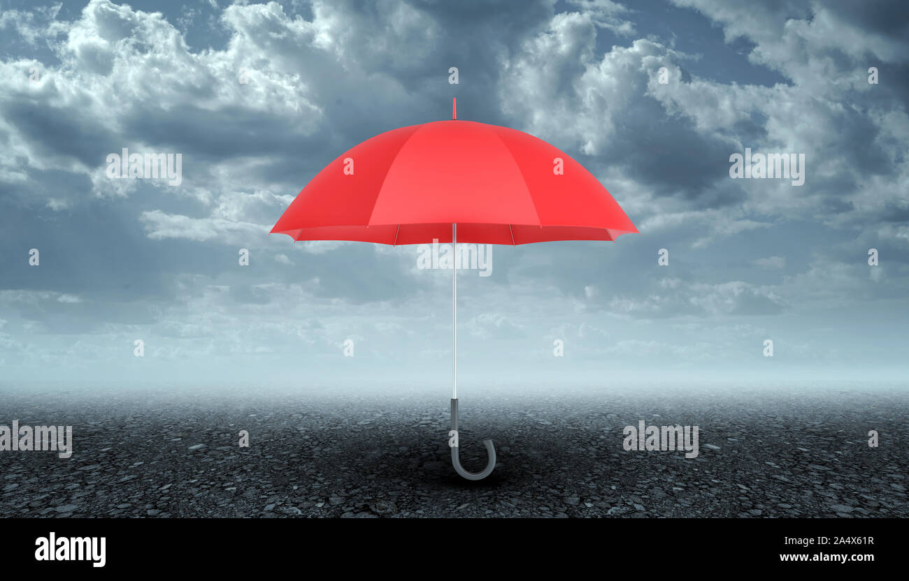 Ouvrir un parapluie rouge avec un manche noir placé verticalement au-dessus du revêtement gris foncé sur fond de ciel orageux. Banque D'Images