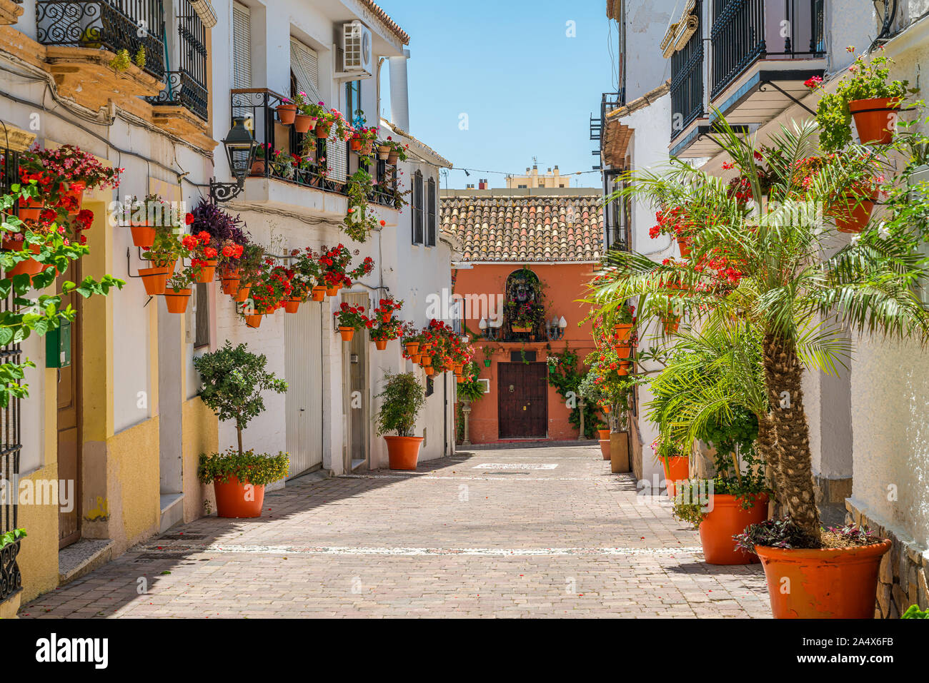 La belle Estepona, little et fleuri de la province de Malaga, Espagne. Banque D'Images