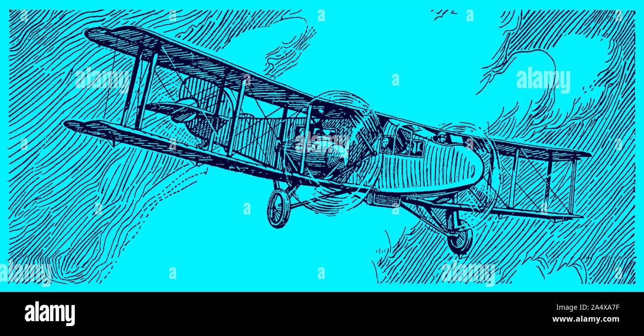 L'aviation commerciale aviation biplan historique en face d'un sombre ciel nuageux. Illustration sur fond bleu après une lithographie du début du xxe Illustration de Vecteur