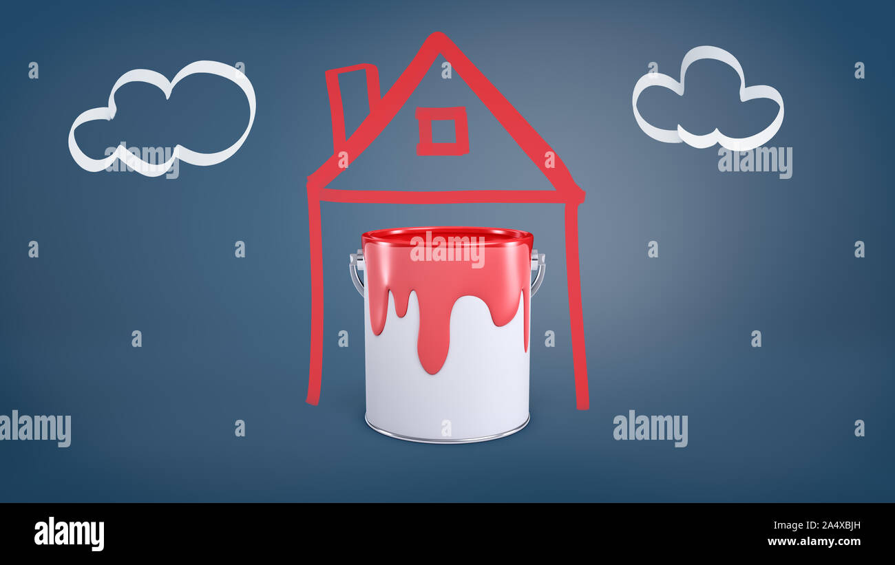 Le rendu 3D d'un seau avec de la peinture rouge se tient à l'intérieur d'une simple image d'une maison près d'une photo de nuages sur un fond bleu. Banque D'Images