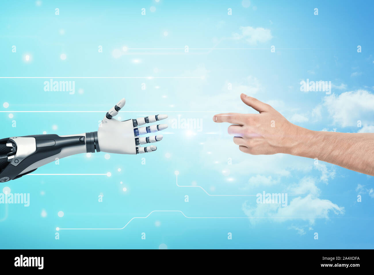 Une des mains d'atteint jusqu'à la noire et blanche main robotique très détaillées sur fond bleu. Banque D'Images