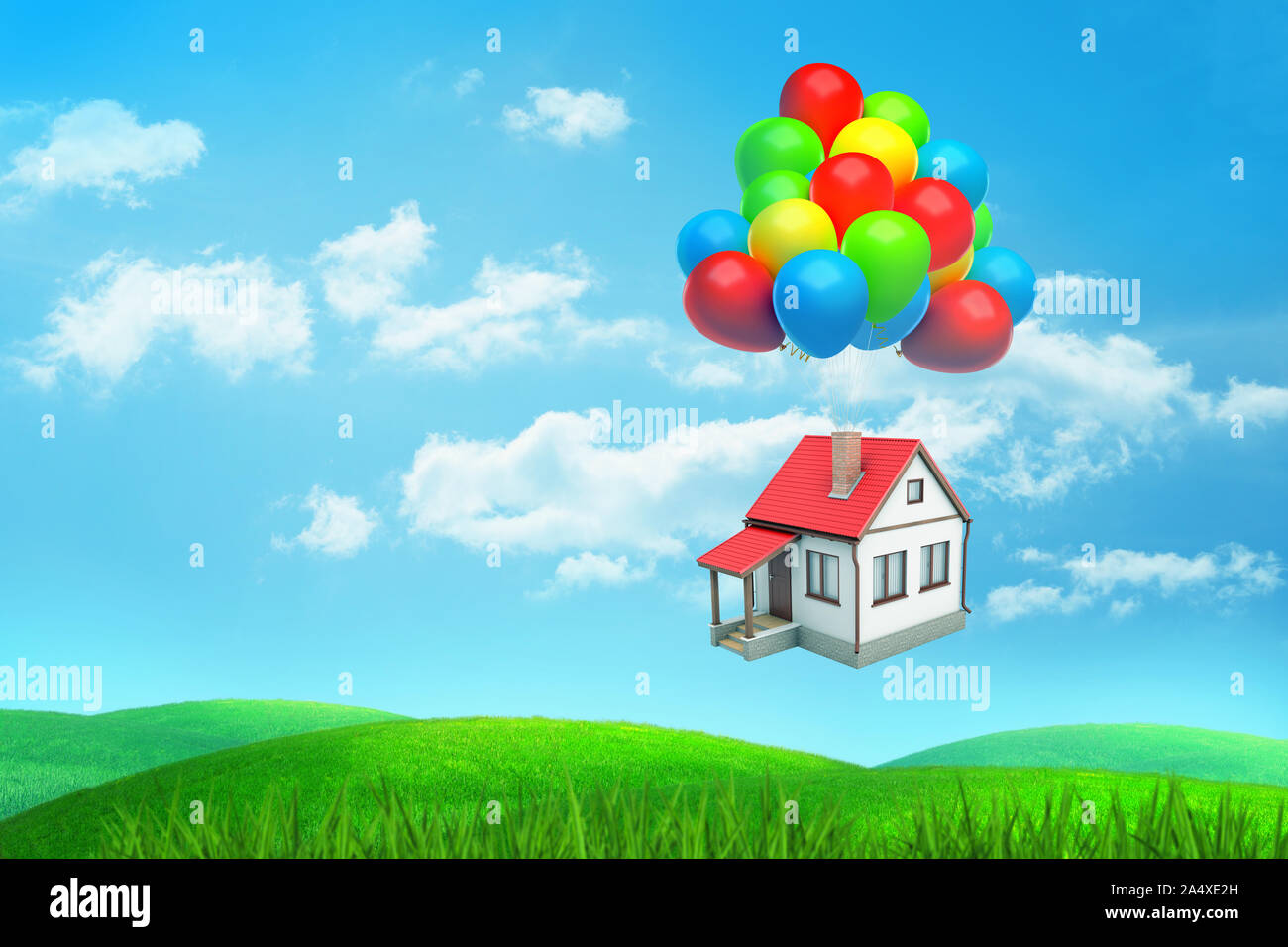 Écrire un rendu 3D maison au toit rouge vole accroché sur beaucoup de ballons de couleur sur un champ vert. Banque D'Images