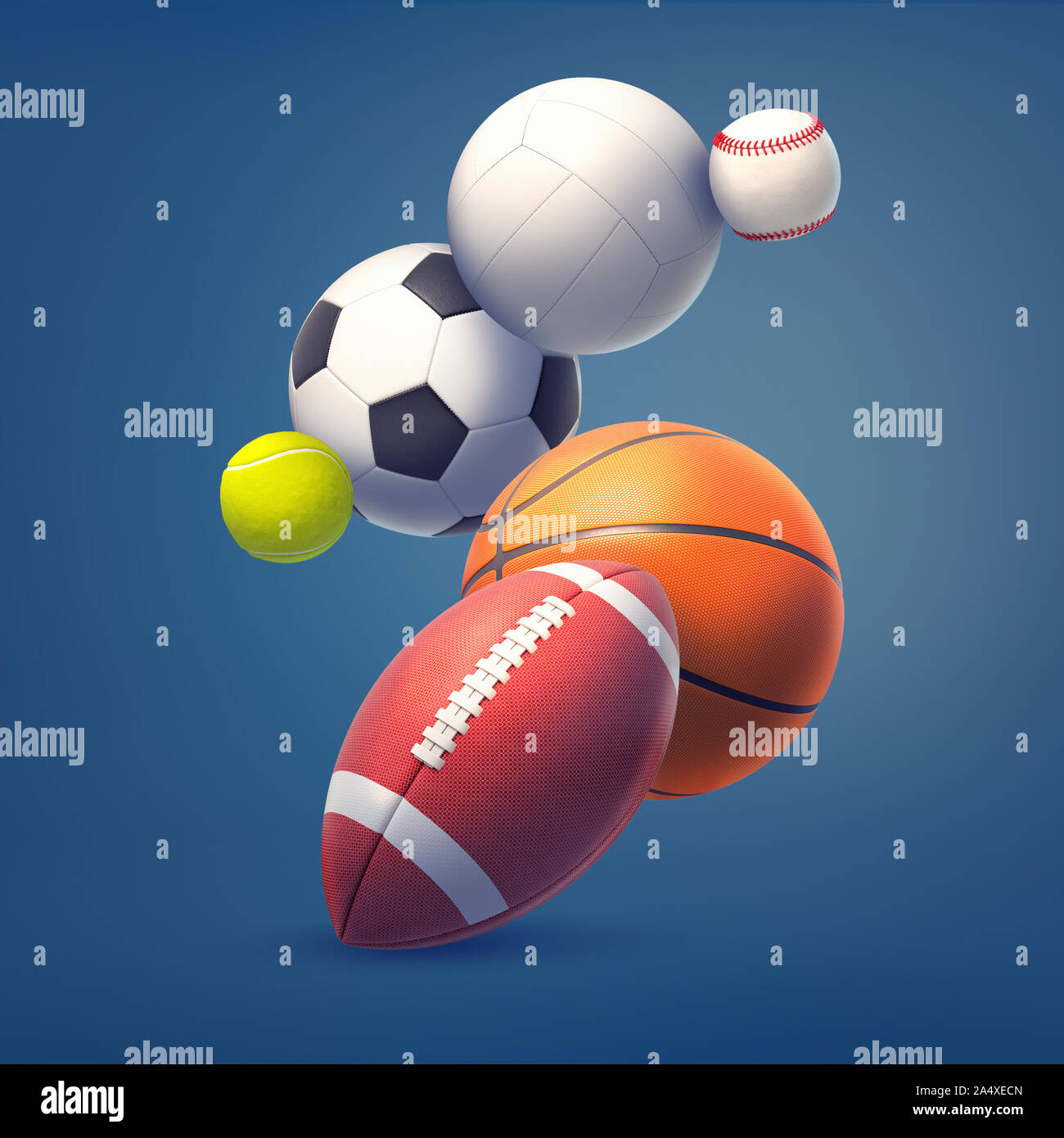 Le rendu 3D de collection de plusieurs balles de jeu de sport comme le football, le soccer et le tennis, volant sur un fond bleu foncé. Banque D'Images