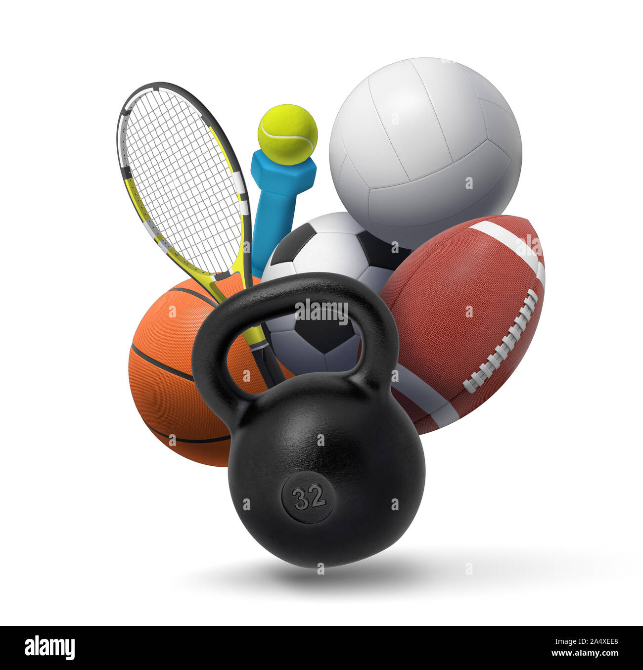 Le rendu 3D de collection de sport et de l'équipement de conditionnement physique : un haltère, un kettlebell, tennis, sport d'équipe et de plusieurs balles. Banque D'Images