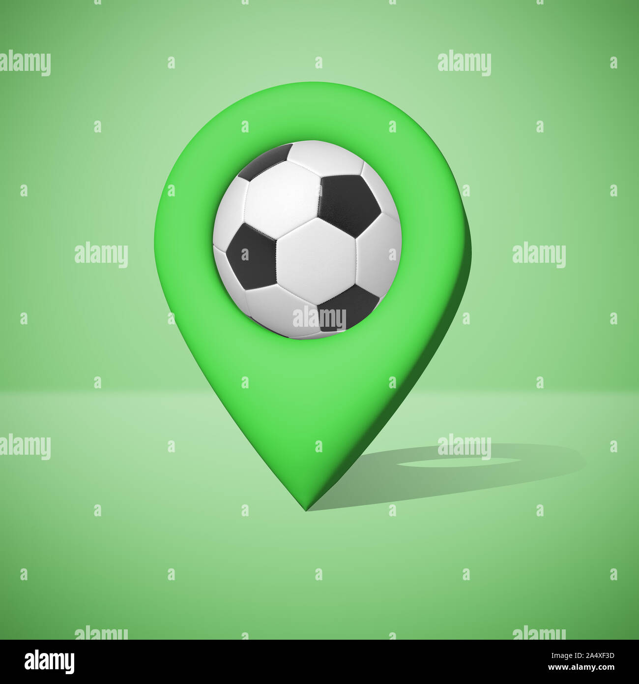 Le rendu 3D d'un green géolocaliser signe avec un football dans le centre. sur fond vert. Banque D'Images
