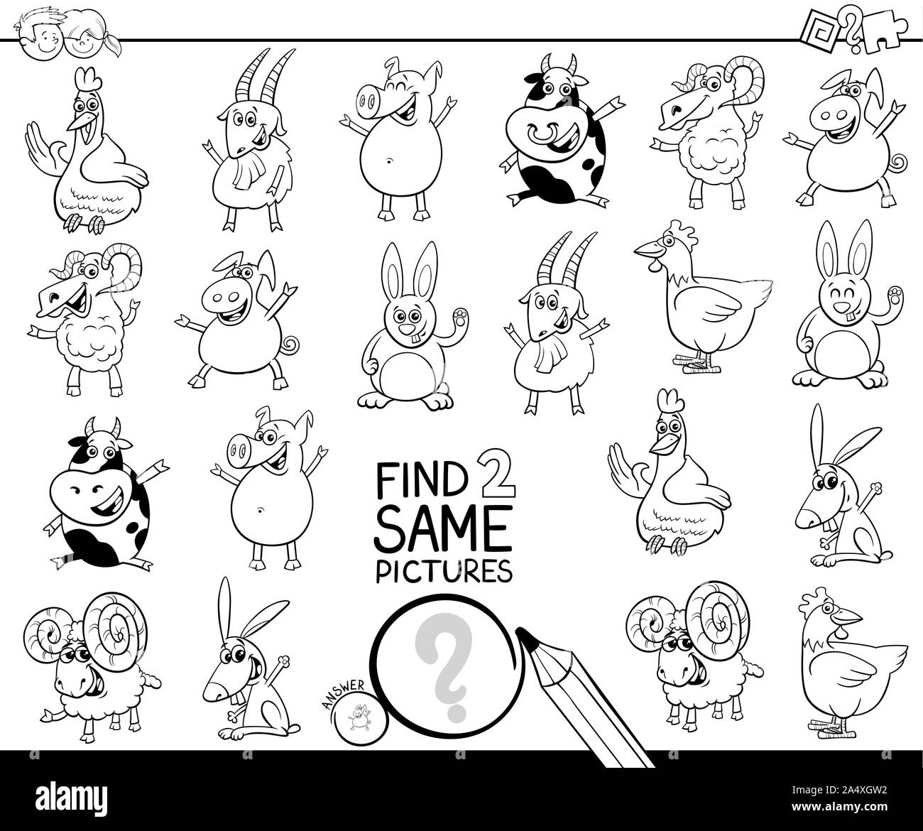 Cartoon noir et blanc Illustration de trouver deux mêmes images Jeu d'activités éducatives pour les enfants avec des animaux de ferme à colorier Personnages Illustration de Vecteur