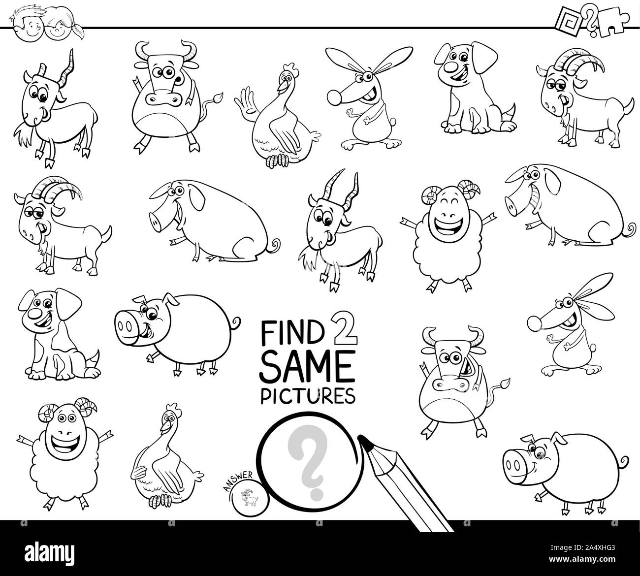 Cartoon noir et blanc Illustration de trouver deux mêmes images Jeu d'activités éducatives pour les enfants avec des animaux de ferme à colorier Personnages Illustration de Vecteur