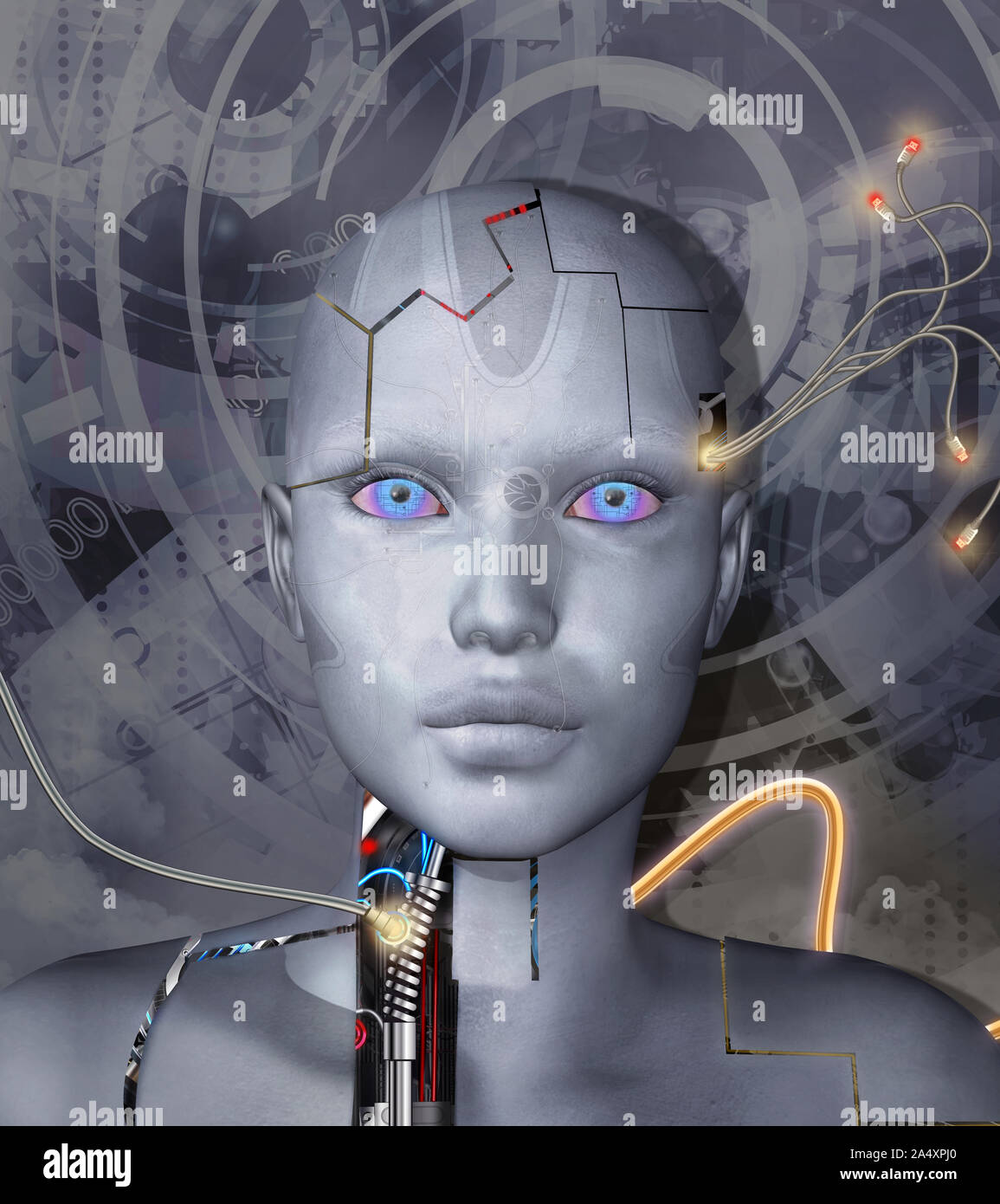 Cyborg avec des yeux bleus, illustration conceptuelle à propos de la vie artificielle Banque D'Images