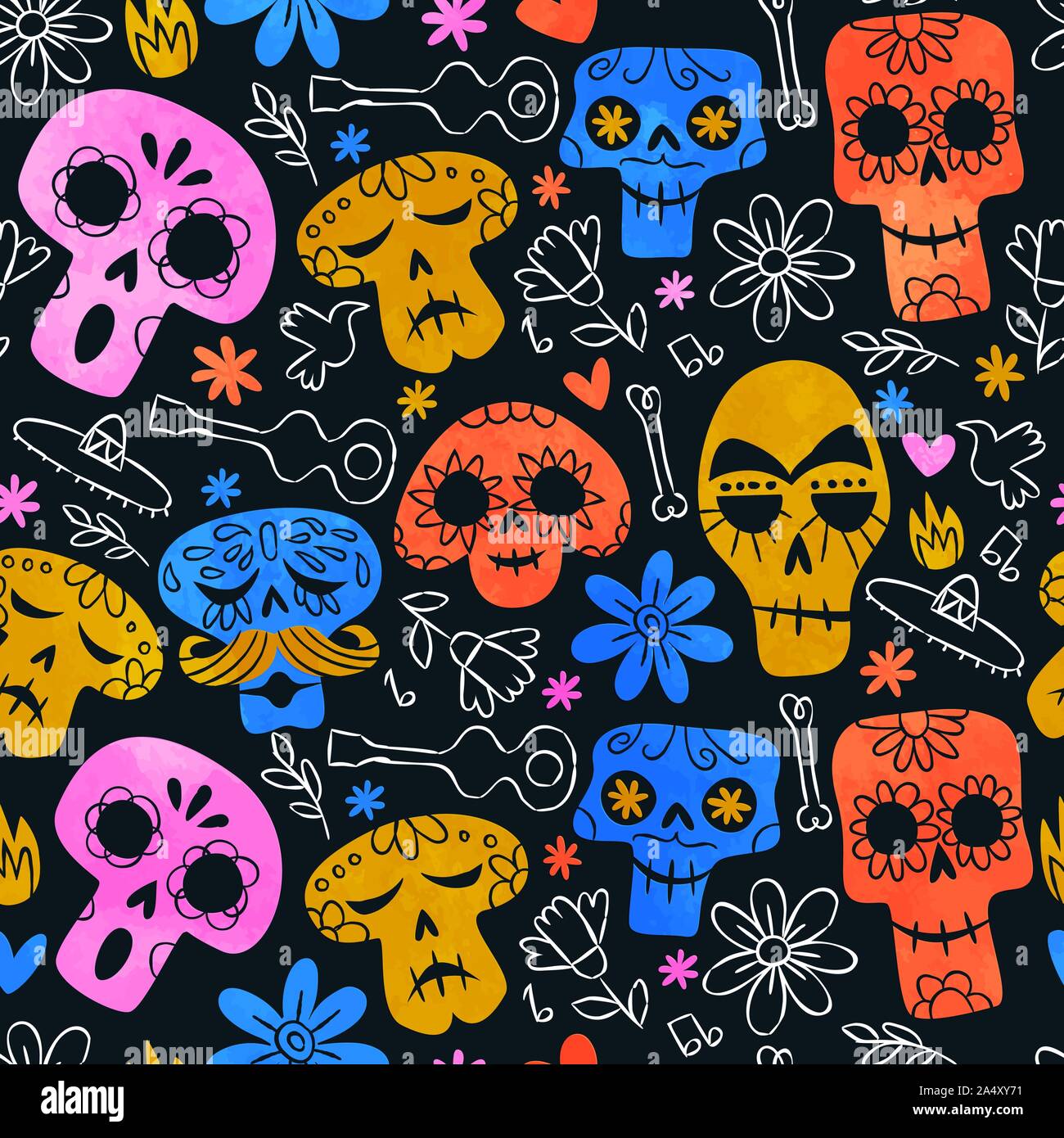 Le Jour des morts crâne motif transparent, funny smileys squelette d'aquarelle et de la culture mexicaines colorées en arrière-plan l'icône. Illustration de Vecteur