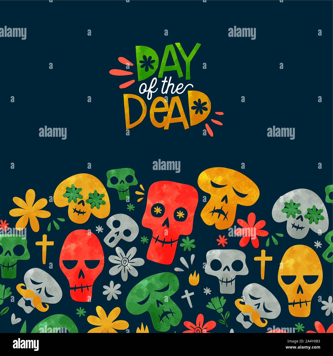 Le Jour des morts l'illustration pour la carte de vœux de l'événement vacances traditionnel mexicain. Funny crâne en sucre et aquarelle décoration florale au Mexique coopération drapeau Illustration de Vecteur