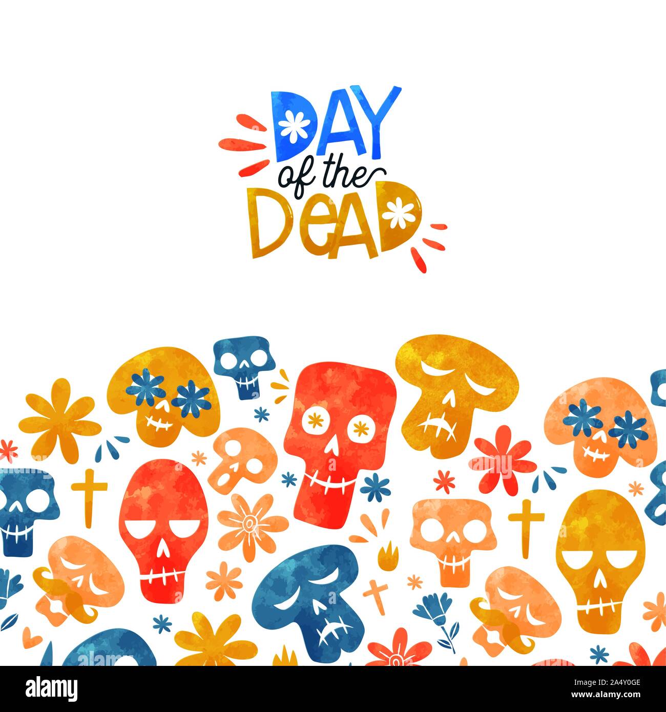 Le Jour des morts l'illustration pour la carte de vœux de l'événement vacances traditionnel mexicain. Crâne en sucre coloré drôle et aquarelle décoration florale. Illustration de Vecteur