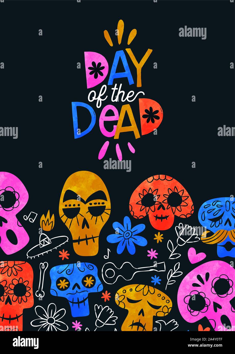 Le Jour des morts, l'illustration de carte de vœux aquarelle de crânes et de sucre coloré multicolore à la main des icônes pour la culture du Mexique Mexique parti traditionnel Illustration de Vecteur