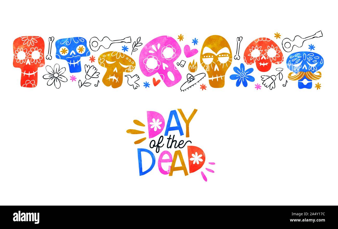 Le Jour des morts, l'illustration de carte de vœux aquarelle colorée crânes en sucre et la culture du Mexique à la main des icônes pour les cas de vacances traditionnelle mexicaine Illustration de Vecteur