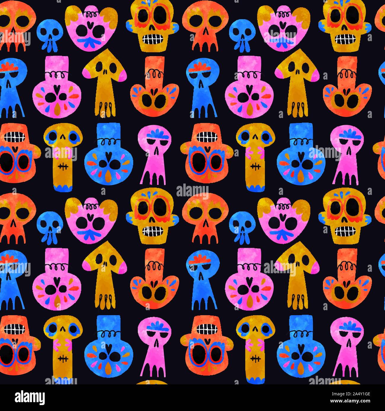 Le Jour des morts crâne motif transparent, drôle de squelette aquarelle smileys, icône de la culture mexicaine en couleur arrière-plan. Illustration de Vecteur