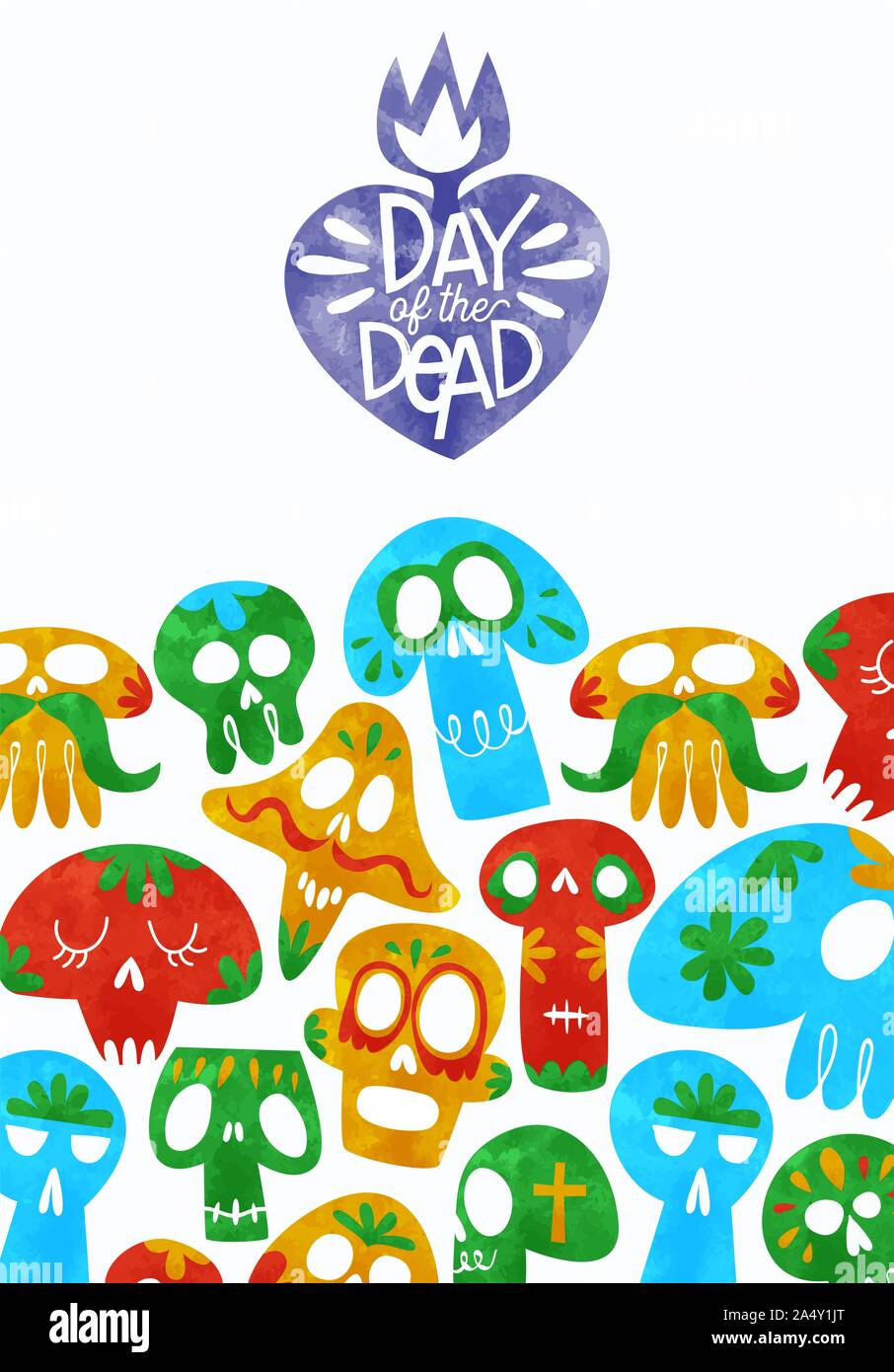 Le Jour des morts l'illustration pour la carte de vœux de l'événement vacances traditionnel mexicain. Drôle de sucre coloré décoration aquarelle du crâne. Illustration de Vecteur