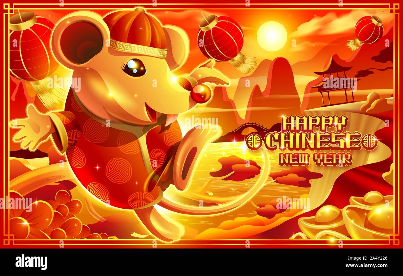 Illustration d'une caricature du rat en robe chinoise joyeusement près de la falaise de saut avec décor chinois dans ton rouge. Le nouvel an chinois. L'année de rat. Illustration de Vecteur