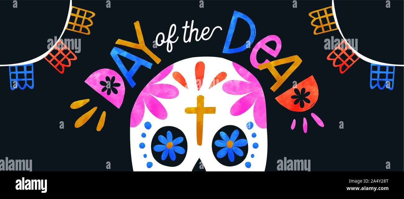 Le Jour des morts, l'illustration de la bannière web aquarelle crâne en sucre coloré avec décoration traditionnelle mexicaine. Illustration de Vecteur