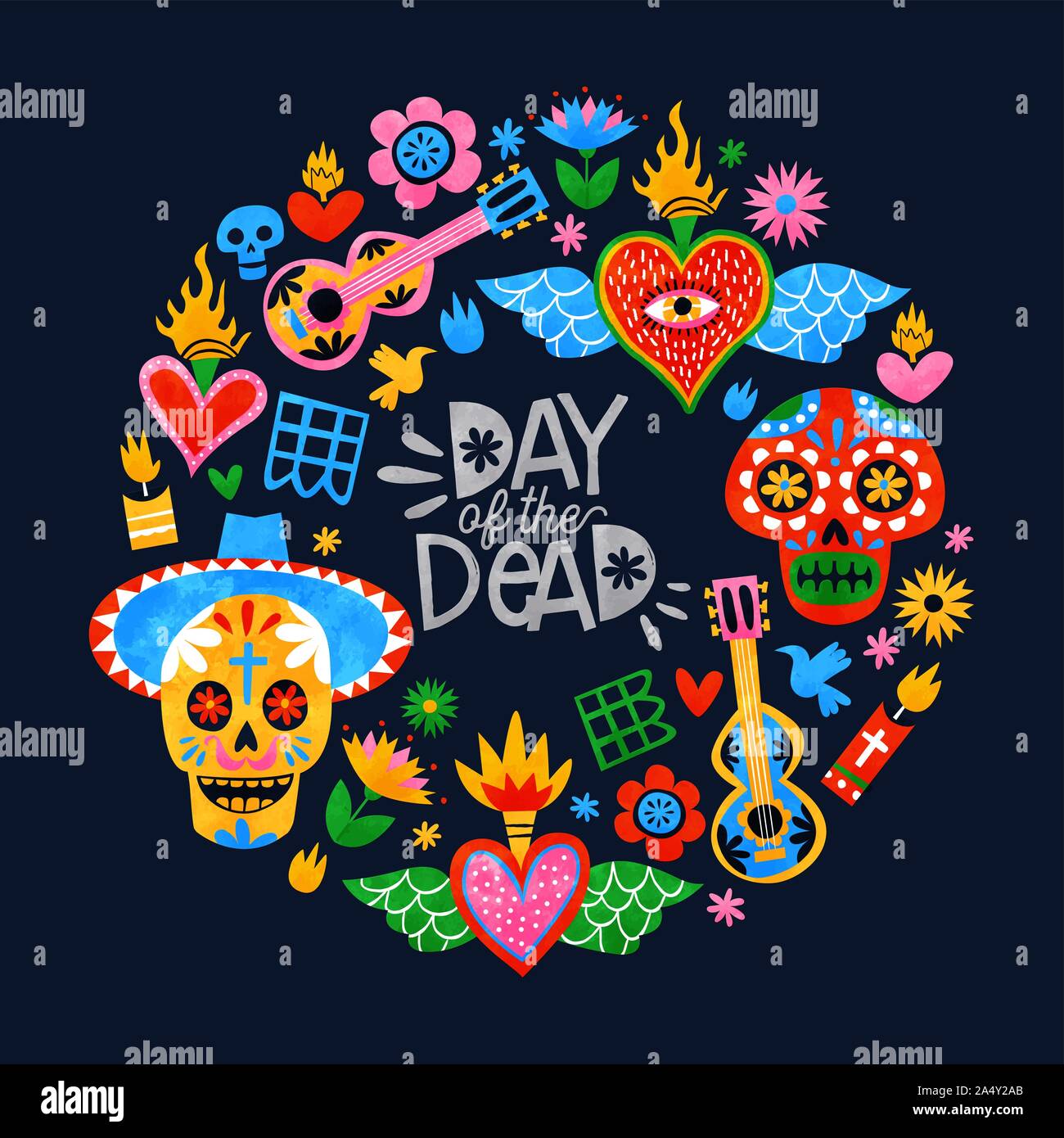 Le Jour des Morts au Mexique, carte de vœux de la culture traditionnelle des icônes dans l'aquarelle colorée. Comprend le sucre crâne, Mexican Hat, une guitare mariachi Illustration de Vecteur