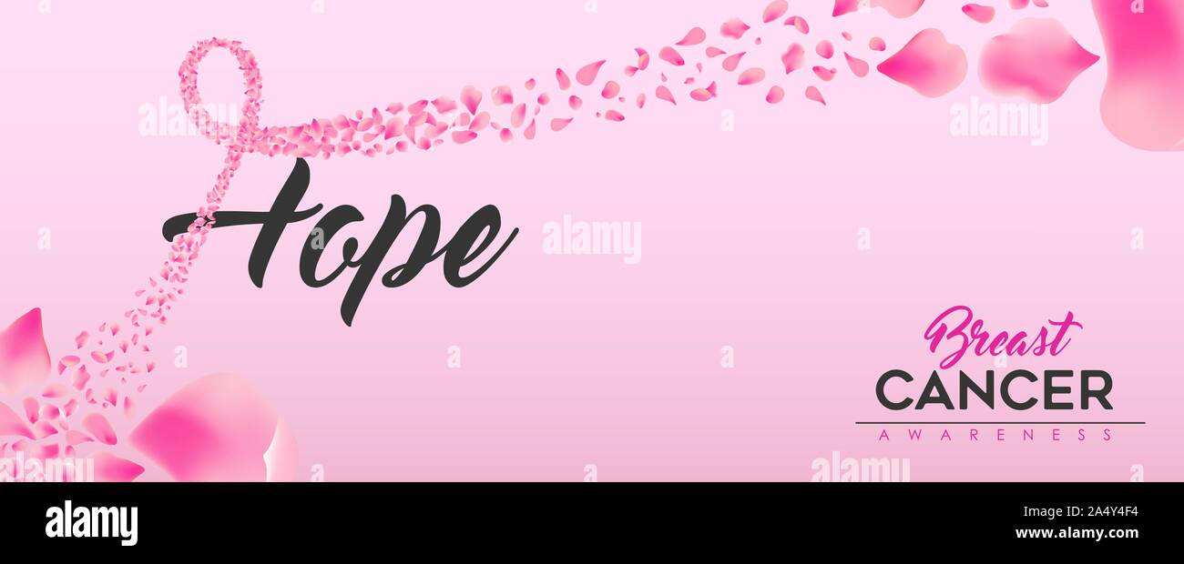 Le mois de la sensibilisation au cancer, l'espoir illustration bannière floral calligraphie texte message et forme du ruban rose faite de pétales de fleurs rose pour la santé de manière Illustration de Vecteur
