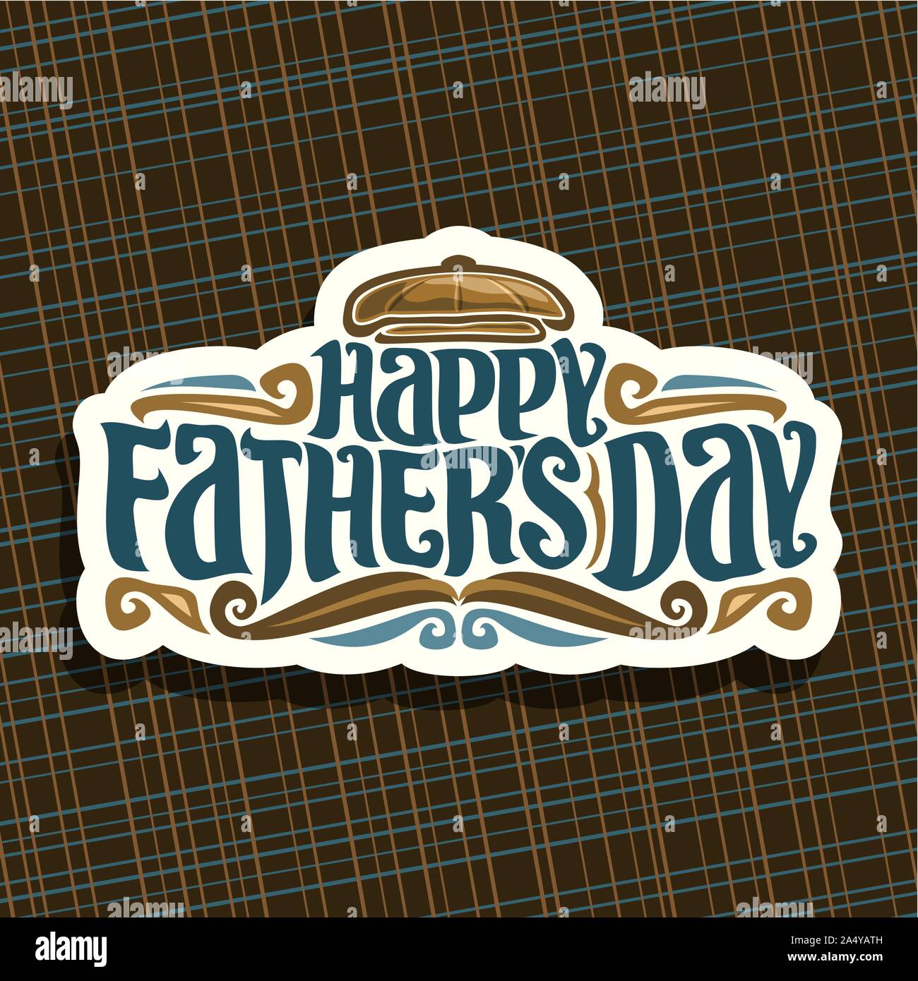 Logo Vector pour les pères jour férié, couper le papier signer avec capuchon plat vintage, drôle moustache frisée, caractère original de hipster bleu mots heureux père Illustration de Vecteur