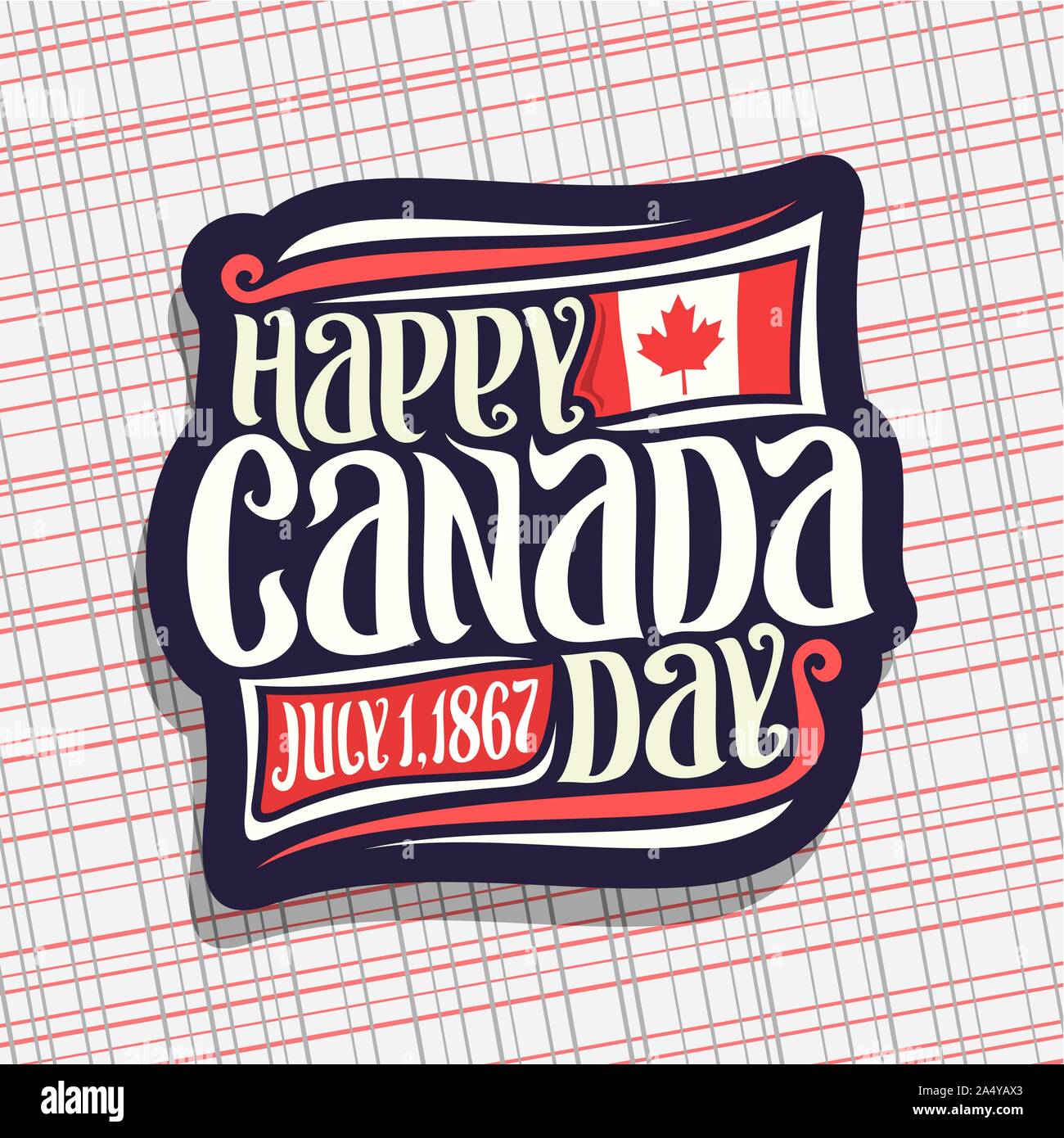 Logo Vector pour la fête du Canada, signe sombre avec date de united - 1 juillet, 1867 ans, le drapeau du Canada avec feuille d'érable rouge et l'original manuscrit br Illustration de Vecteur