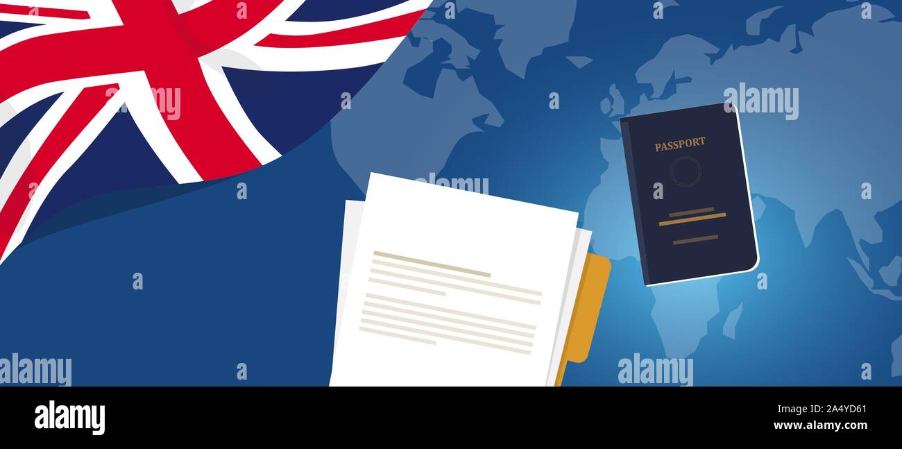Document de demande de visa de travail ou permis d'étudiant pour UK Royaume- Uni Angleterre. Passeport et papier symbole de la réforme de l'immigration  Image Vectorielle Stock - Alamy