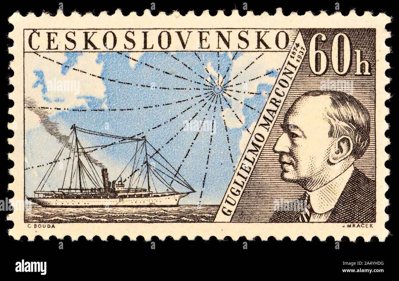 Timbre-poste tchèque (1959) : 'Radioinventors' série. Guglielmo Marconi (1847-1937) ingénieur en électricité et inventeur italien, connu pour ses travaux précurseurs Banque D'Images