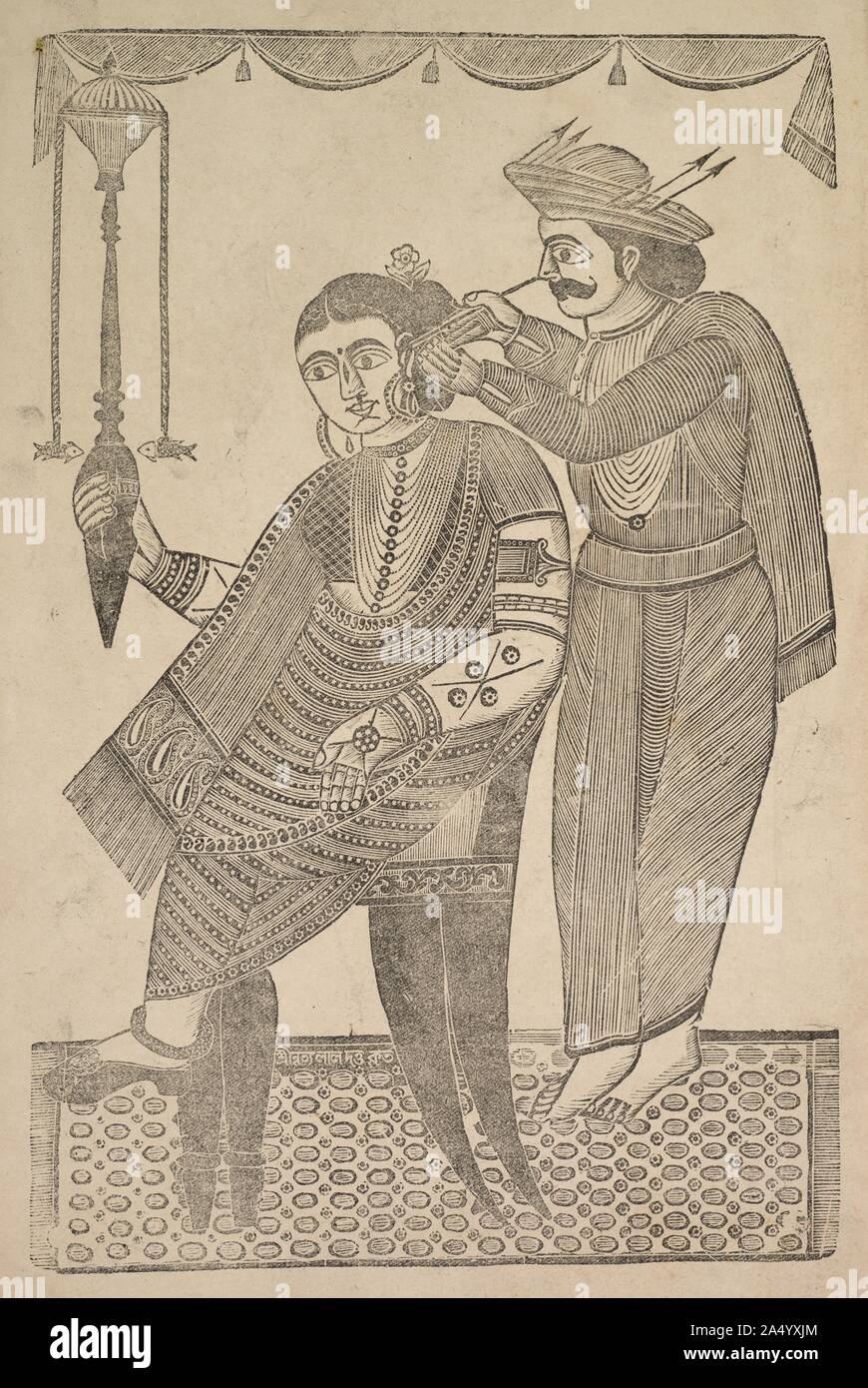 Un nettoyage de l'oreille de Barber une courtisane, années 1800. Banque D'Images