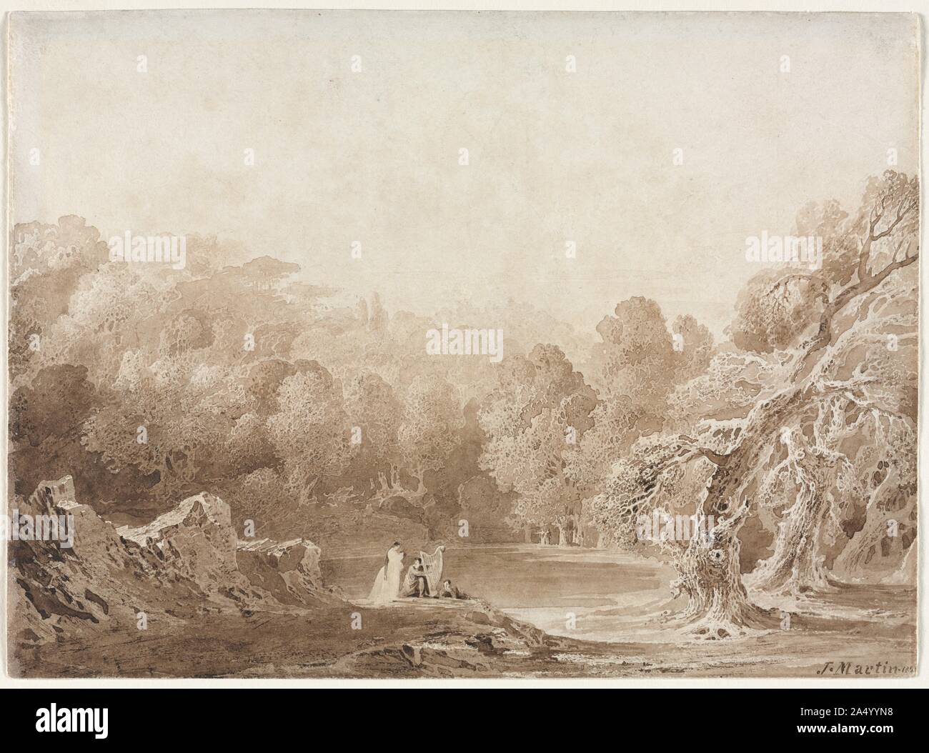 Un homme jouant de la harpe avec d'autres chiffres à côté d'un lac, 1820. Martin est surtout connu pour son grandiose, de visions apocalyptiques d'aborder doom, tirées de la Bible ou de la mythologie. Mais ces deux paysages, créé comme pendentifs, révèlent un aspect moins connu de son travail. Martin a exécuté un certain nombre de petites études de paysage dans un Nude-look technique, lui permettant de rendre des détails extraordinaires. L'humeur de ces paysages est modérée ; chiffres classique incliner et jouer de la musique à côté d'un lac tranquille. Cependant, leurs arbres anthropomorphes et la suggestion de l'immensité de la terres environnantes Banque D'Images