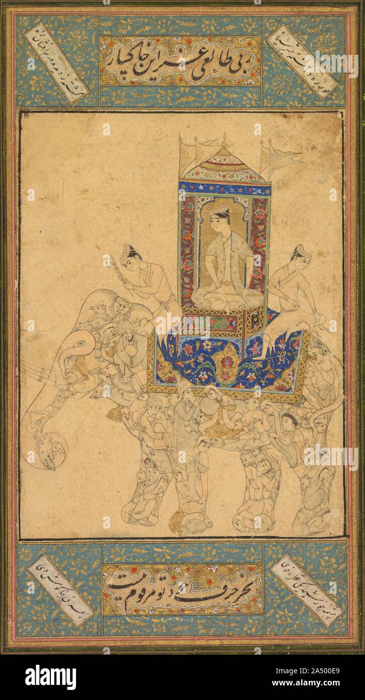 Un prince à cheval un éléphant composite, ch. 1590. Un prince est assis en tailleur dans un howdah siège fixé à l'arrière d'un éléphant royal avec anneaux dorés sur ses défenses. L'éléphant est conduit par les accompagnateurs, l'un d'entre eux est titulaire d'un aiguillon. Les artistes de la région du sud de l'Inde connue comme le Deccan, a élargi l'intégration de pratiques de Perse en créatures scènes paysage&# x2014;comme un double-sens&# x2014;et créé de l'activité inventive des images de créatures composite constituée des chiffres qui invitent à la fermeture prolongée. Ce tableau aurait été monté dans un album qui a été mis dehors pour Banque D'Images
