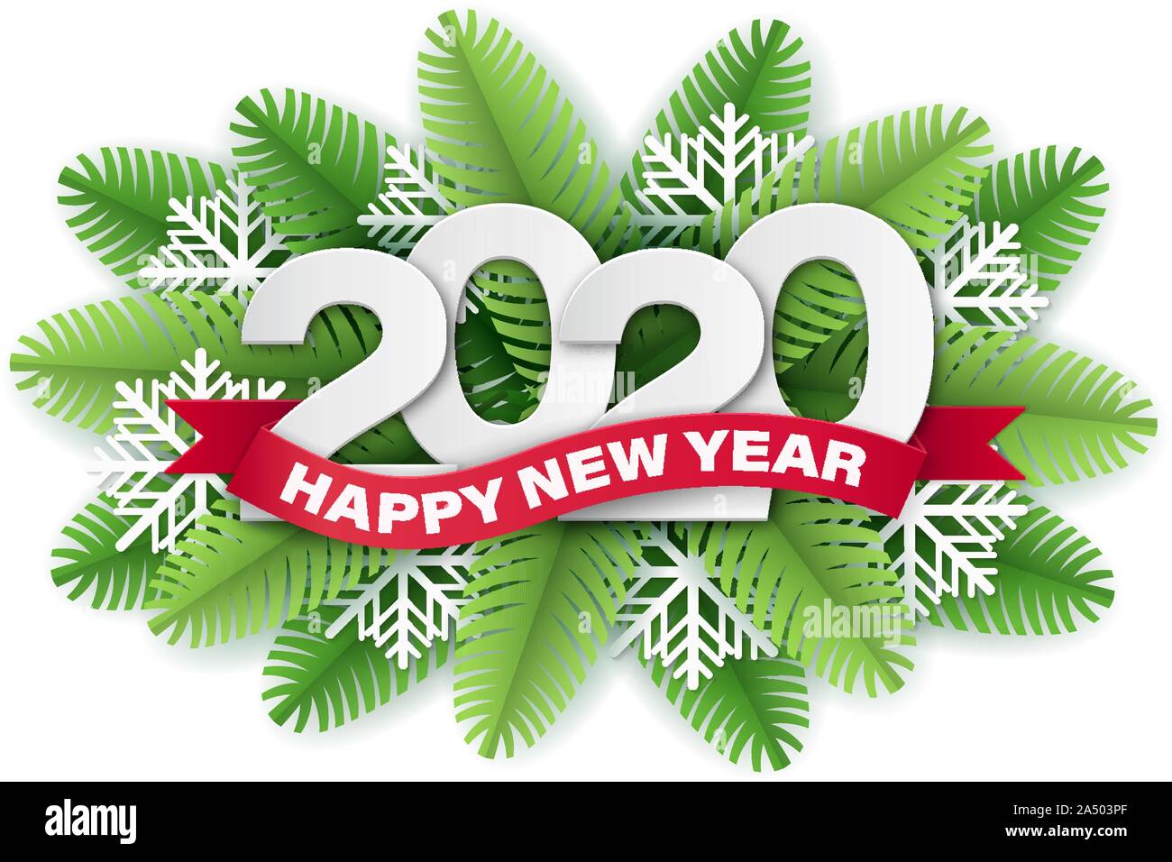 2020 coupe papier et les branches d'arbres de Noël. Illustration de Vecteur
