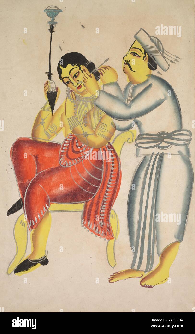 Salon de coiffure d'une femme de ménage&# x2019;s'Oreille, années 1800. Kalighat peintures reflètent l'époque et le contexte dans lequel elles ont été créées. Kalighat peintres utilisé leur moyen d'offrir à pénétrer et perspicaces critiques de l'influence britannique indiens ainsi que les Britanniques eux-mêmes par l'intermédiaire de satires et caricatures. Nouveaux riches indiens autochtones Bengali (commis) babus aspiraient à s'habillent et se comportent comme leurs dirigeants britanniques, et les peintres Kalighat raillés pour cela. Un chinless coiffure avec broches nettoyage nichée dans son turban est le nettoyage de l'oreille d'une dame client. Une femme à la mode, elle fume un narguilé et expose Banque D'Images