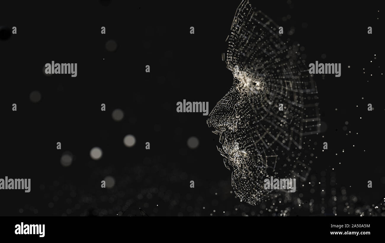 Visage humain composé de lignes et points lumineux. 3D illustration sur fond noir Banque D'Images